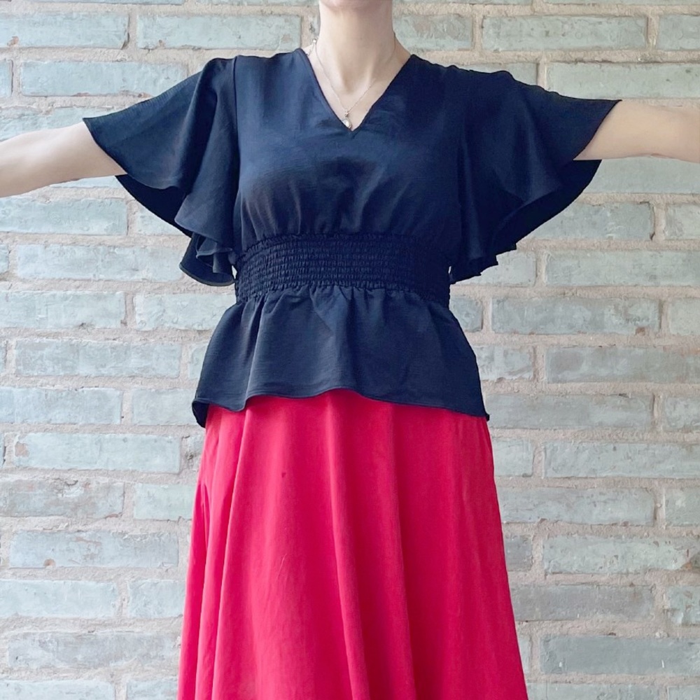Express Satin Top Black Silky Flutter Smocked Butterfly Blouse Peplum Stretch - Picture 3 of 14